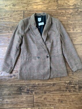 GAP Women's Blazer Sport Coat Wool Blend Brown Plaid Tweed Sz 12 NWT